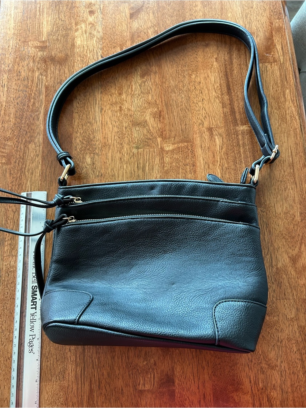 Everyday Black Leather Crossbody Bag with Dual Zip Pockets